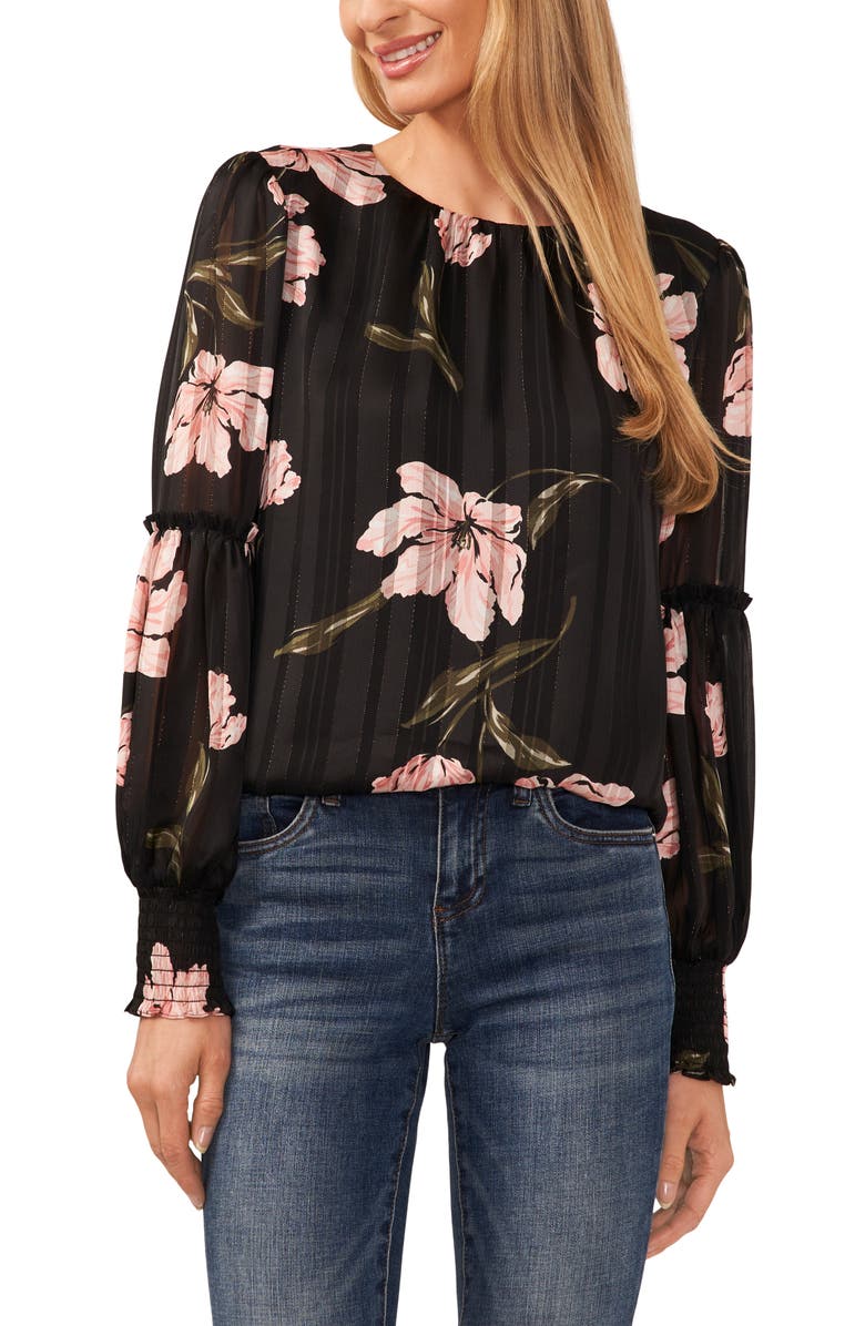 CeCe Metallic Floral Print Top, Main, color, 