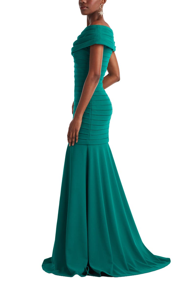 Pleated Off the Shoulder Mermaid Gown, Alternate, color, EMERALD
