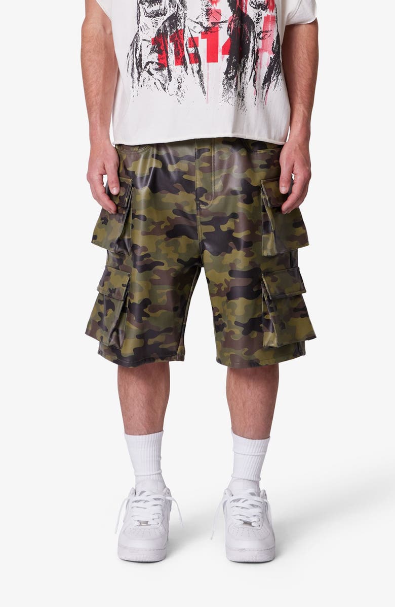 mnml Baggy Camo Faux Leather Cargo Shorts, Main, color, Camo
