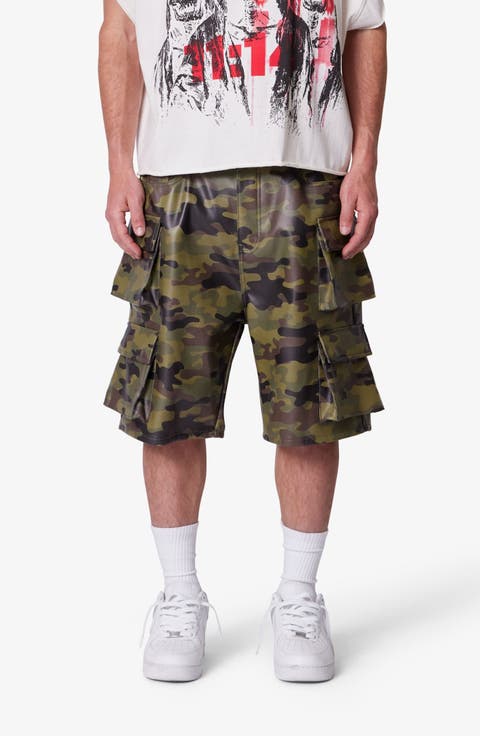 Baggy Camo Faux Leather Cargo Shorts