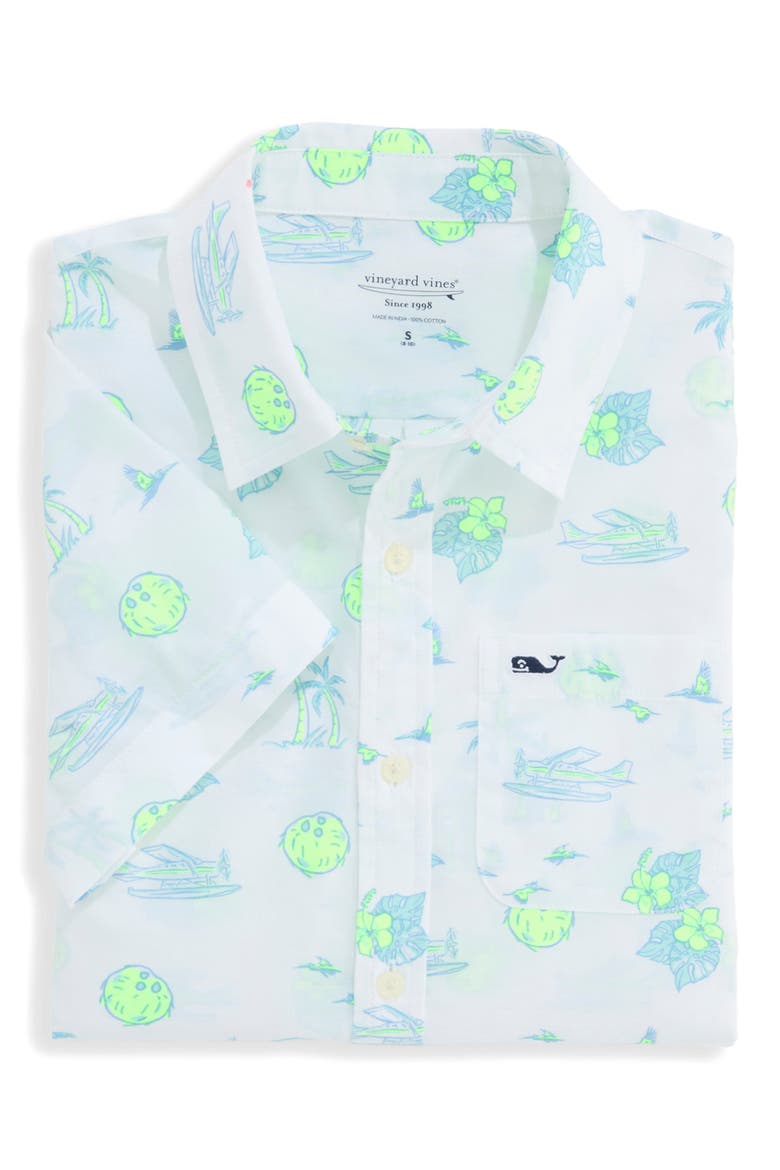 Kids' Print Short Sleeve Button-Up Shirt, Alternate, color, TROPICAL AIRWAYS