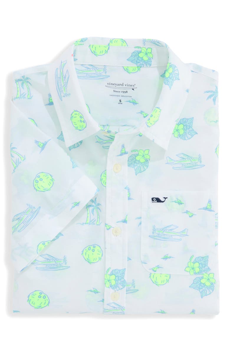 vineyard vines Kids' Print Short Sleeve Button-Up Shirt, Alternate, color, Tropical Airways