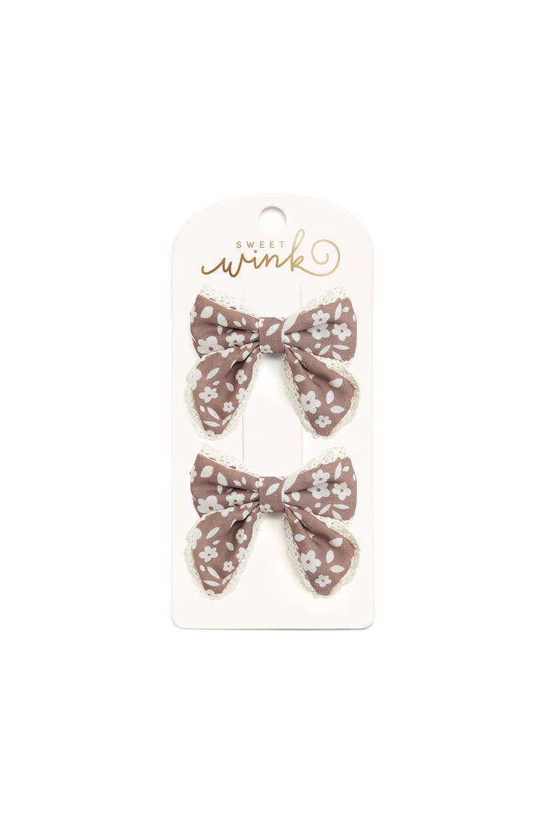Mocha Floral Lace Bow Clip Set, Main, color, Brown