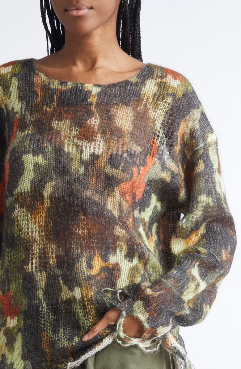 R13 Distressed Camouflage Merino Wool Boyfriend Sweater, Alternate, color, Light Camo Green