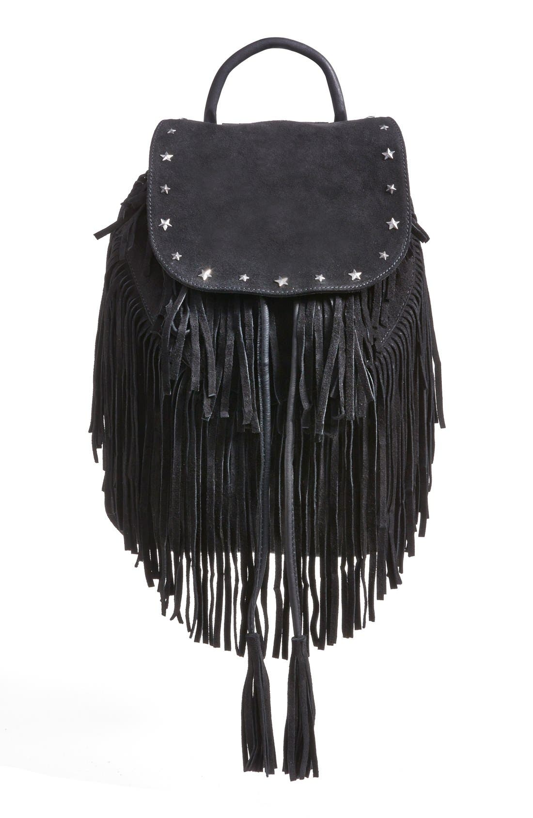 Fringed Suede Backpack, Main, color, BLACK