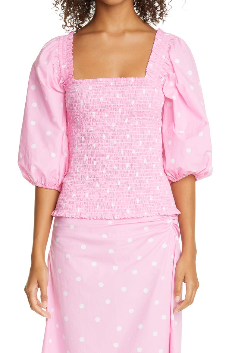 Polka Dot Smocked Organic Cotton Top (Nordstrom Exclusive), Main, color, CHERRY BLOSSOM 480