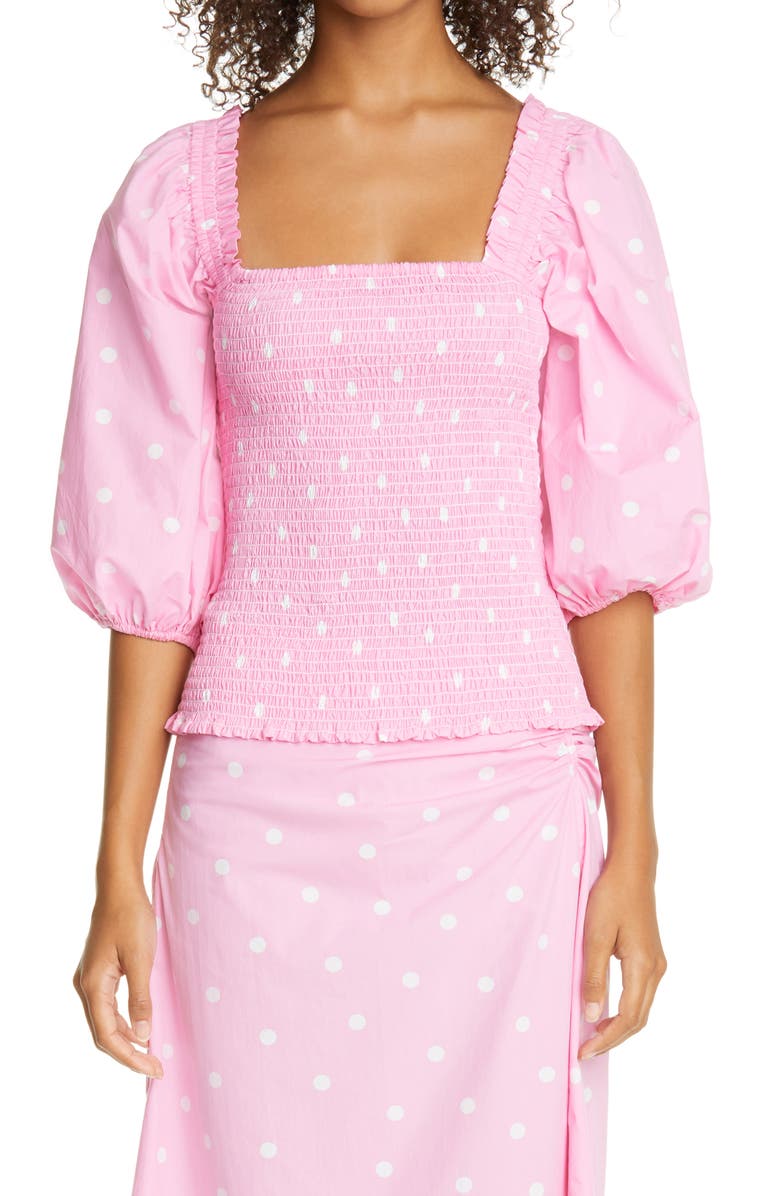 Ganni Polka Dot Smocked Organic Cotton Top, Main, color,