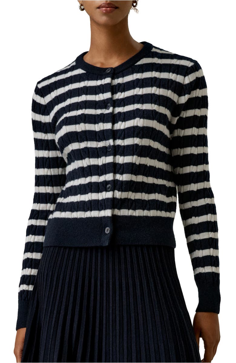 Lilysilk Striped Cable-Knit Cashmere Cardigan, Main, color, Blue And White Stripes