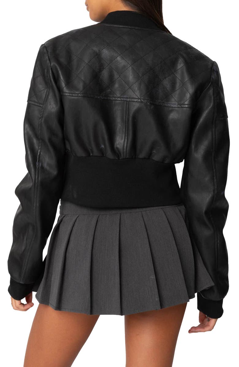 EDIKTED Crop Faux Leather Bomber Jacket, Alternate, color, Black