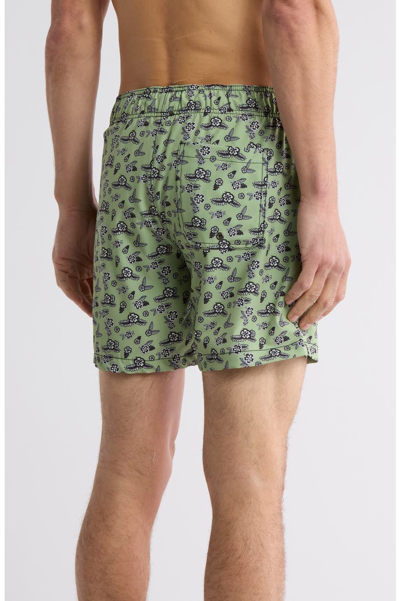 Floral Leaf Print Swim Trunks, Alternate, color, SAGE GREEN