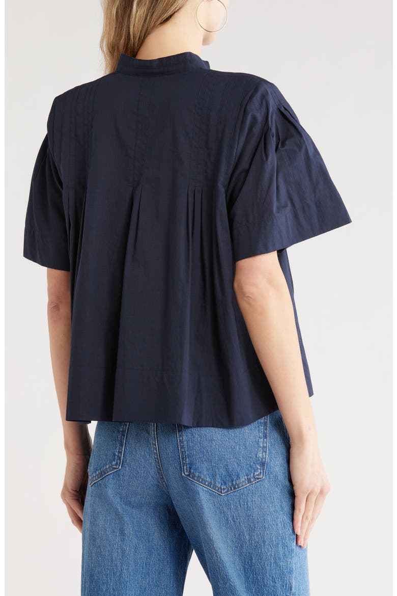 Short Sleeve Pleated Button-Up Top, Alternate, color, NAVY