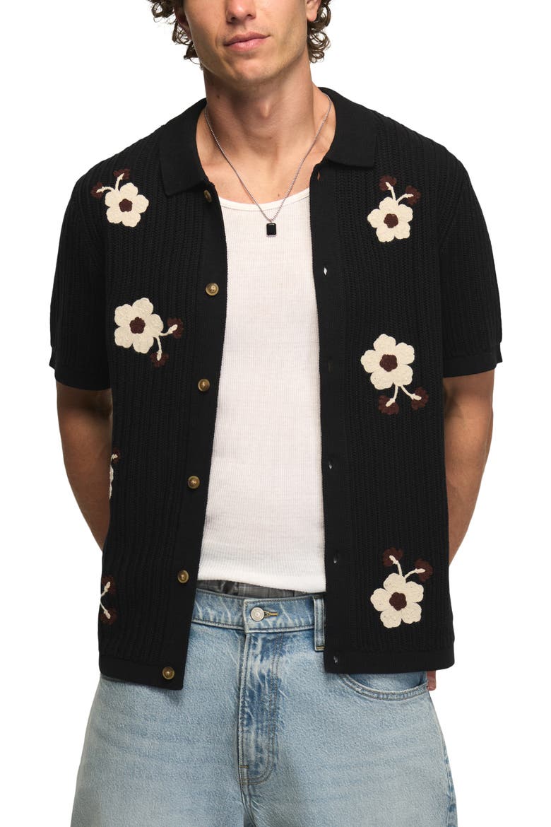 Crochet Flower Short Sleeve Cardigan, Main, color, CAVIAR