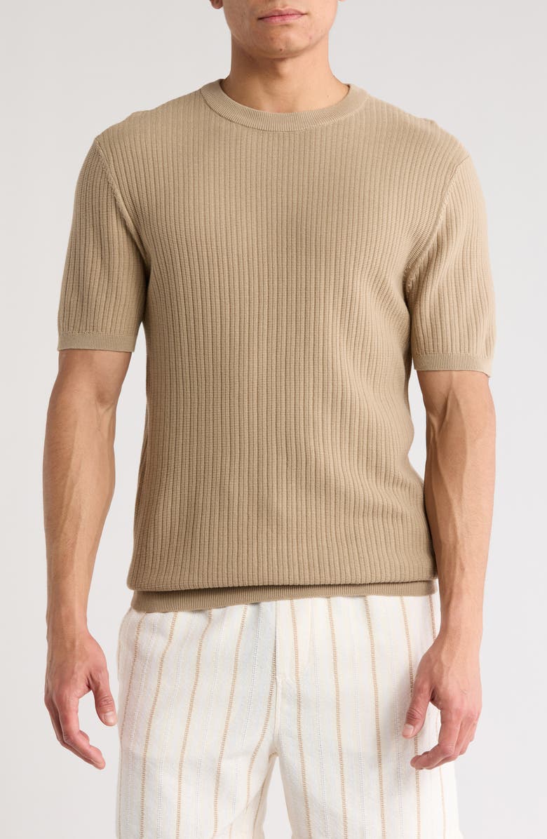 DENIM AND FLOWER Short Sleeve Ribbed Cotton Crewneck Sweater, Main, color, Dark Sand