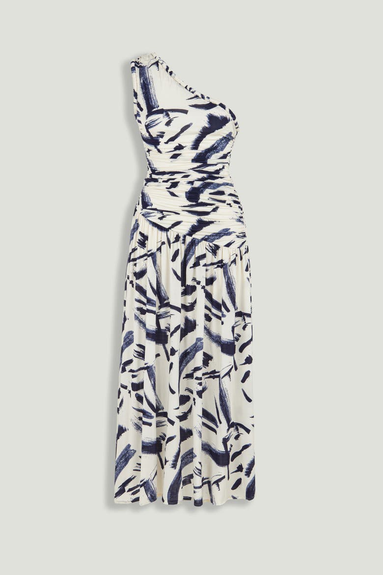 Printed One-Shoulder Draped Midi Dress, Alternate, color, Multi-Colored