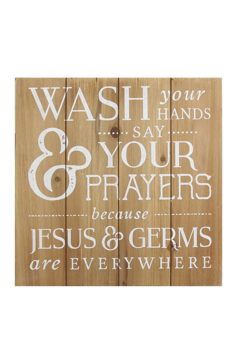 STRATTON HOME DECOR Light Natural Wood/White Wash Your Hands, Say Your Prayers Bath Wall Art, Main, color,