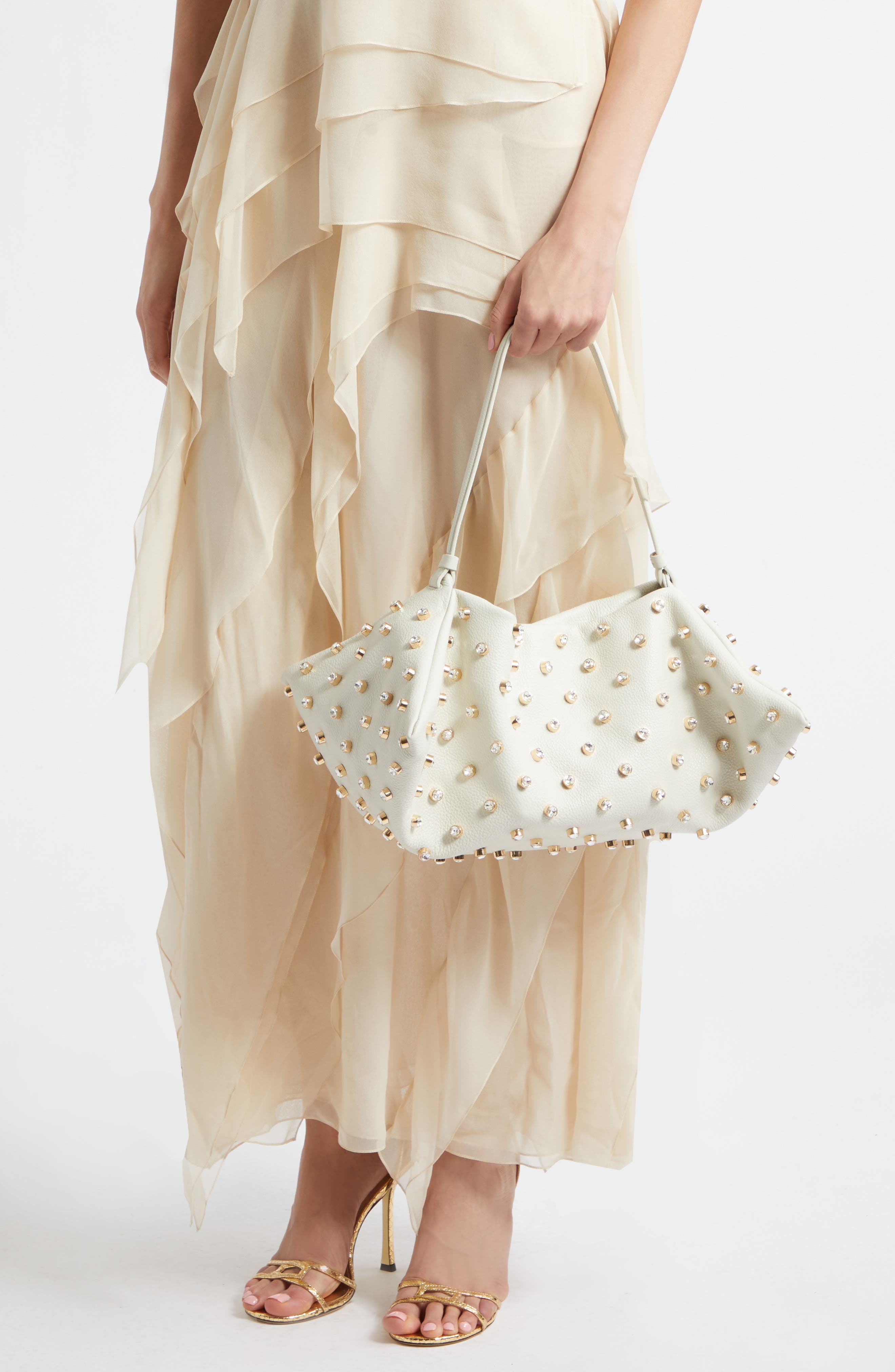 Origami Crystal Studded East/West Leather Bag, Alternate, color, 380102 IVORY/ CRYSTAL