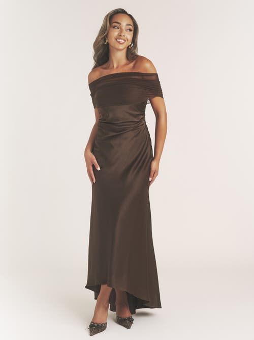 Six Stories Bardot Detail Satin Midaxi Dress In Brown
