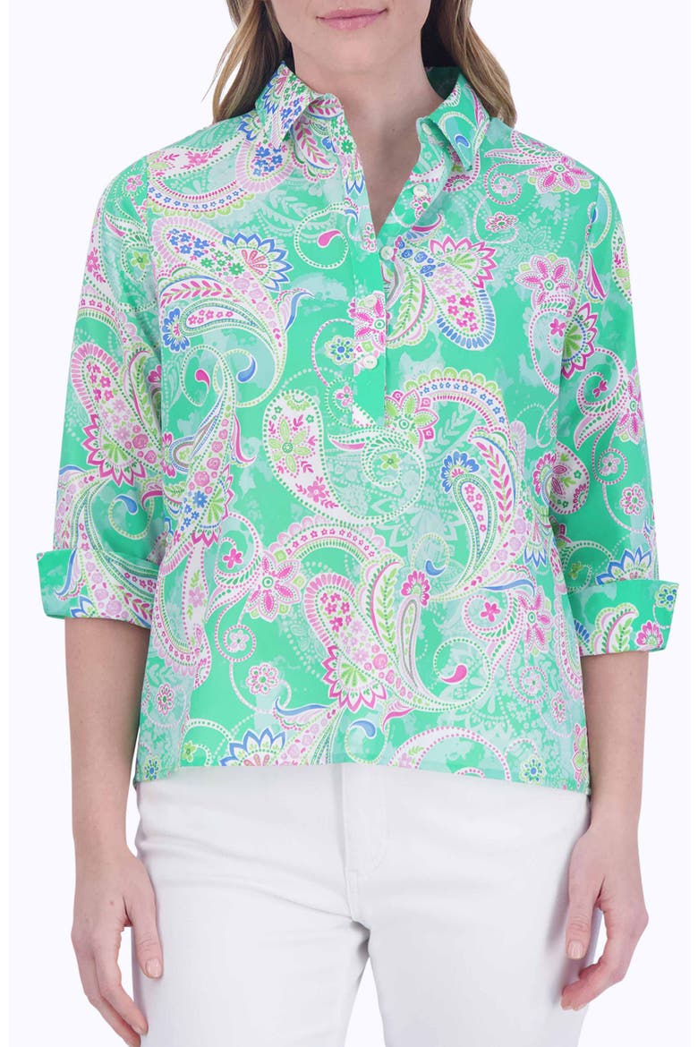 Therese Paisley Non-Iron High-Low Button-Up Shirt, Main, color, GREEN MULTI
