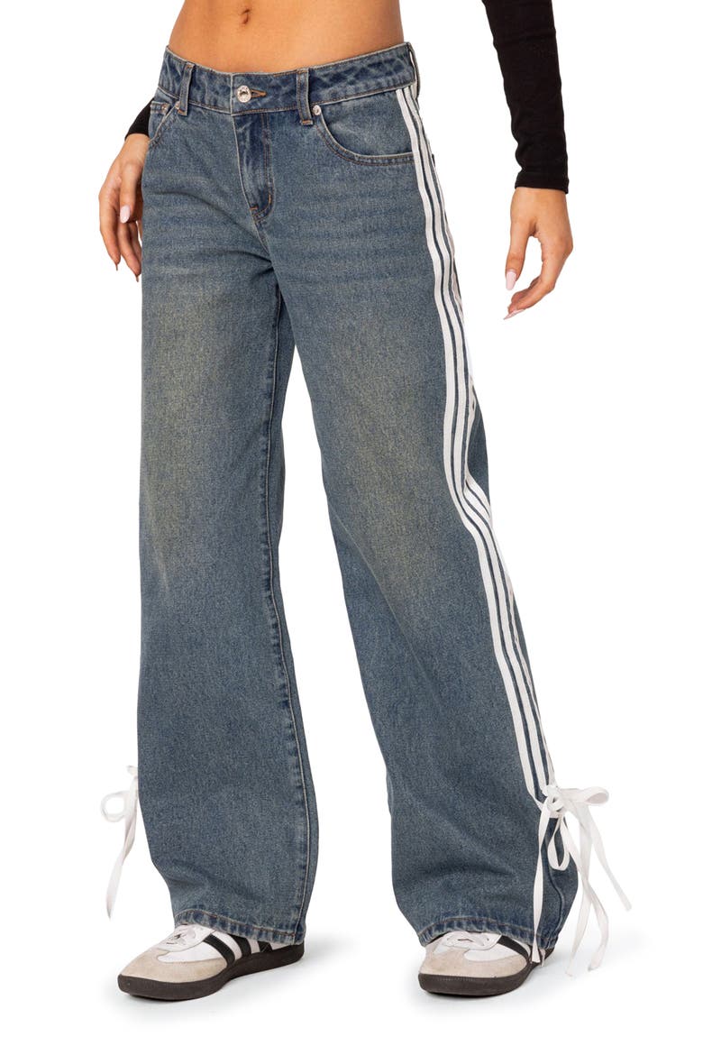 Mattie Side Stripe Bow Low Rise Wide Leg Jeans, Main, color, BLUE-WASHED