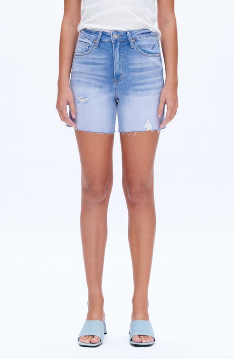 Raw Hem High Waist Mid Thigh Denim Shorts (Fresh Blue)