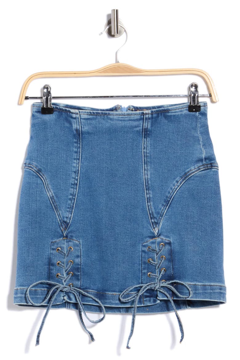 Dolly Lace Up Denim Miniskirt, Main, color, INDIGO1090
