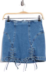 Good American Dolly Lace Up Denim Miniskirt