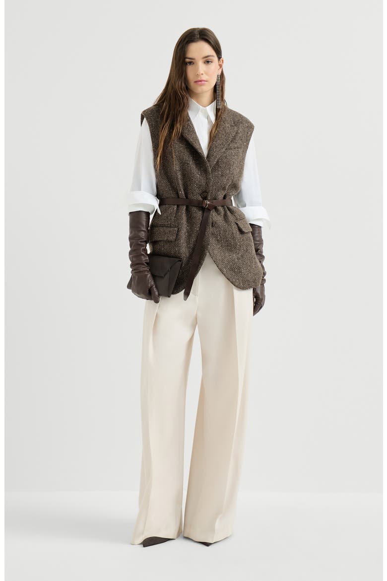 Virgin wool gabardine pleated barrel trousers with monili, Alternate, color, Milk