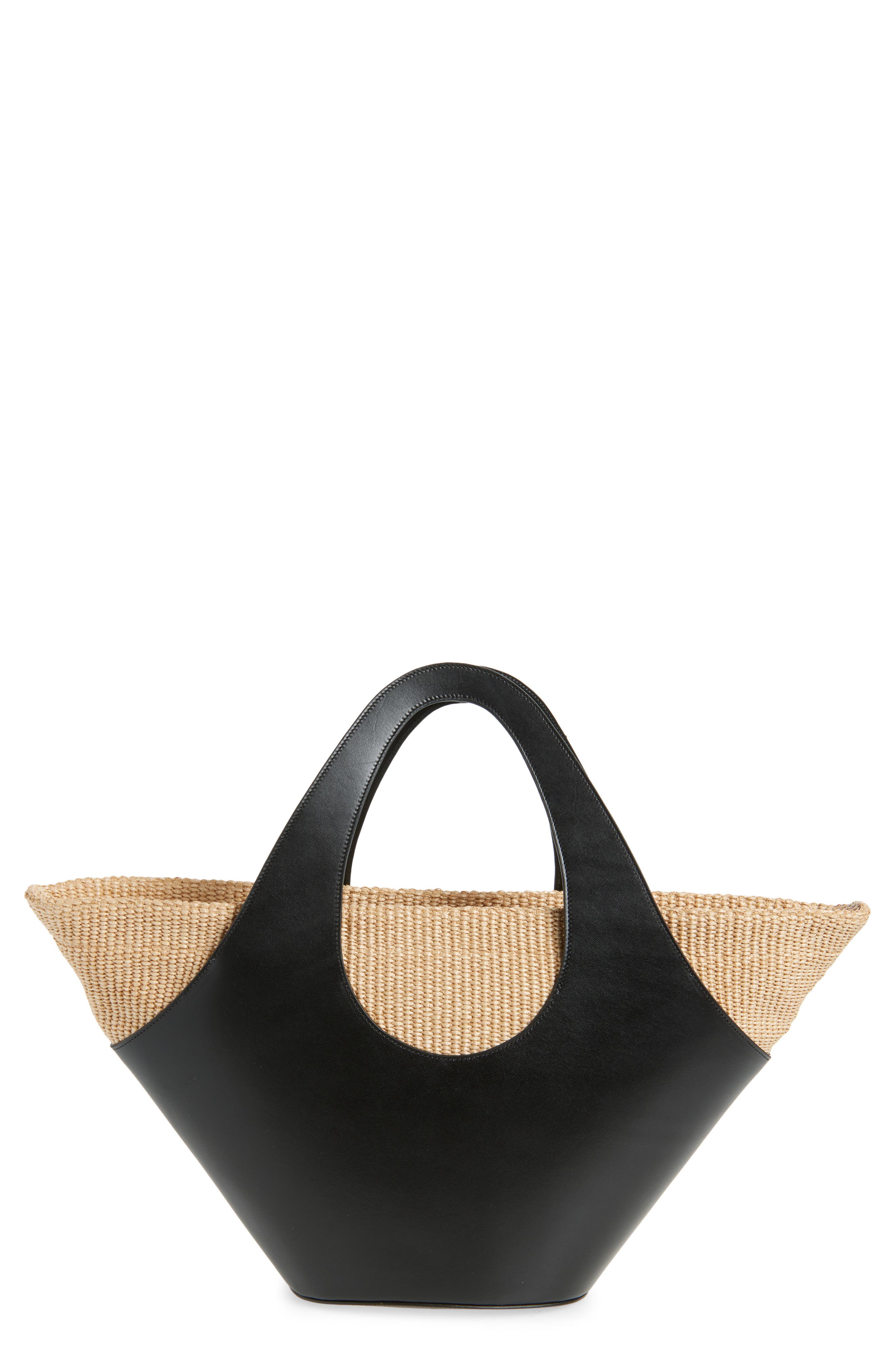 Reformation Siena Leather & Raffia Top Handle Tote, Main, color, Black Leather Natural Raffia