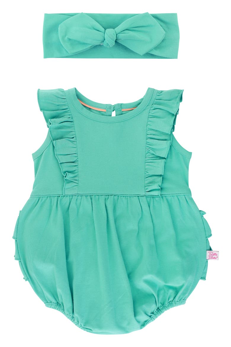 Waterfall Ruffle Bubble Romper & Head Wrap Set, Main, color, BLUE