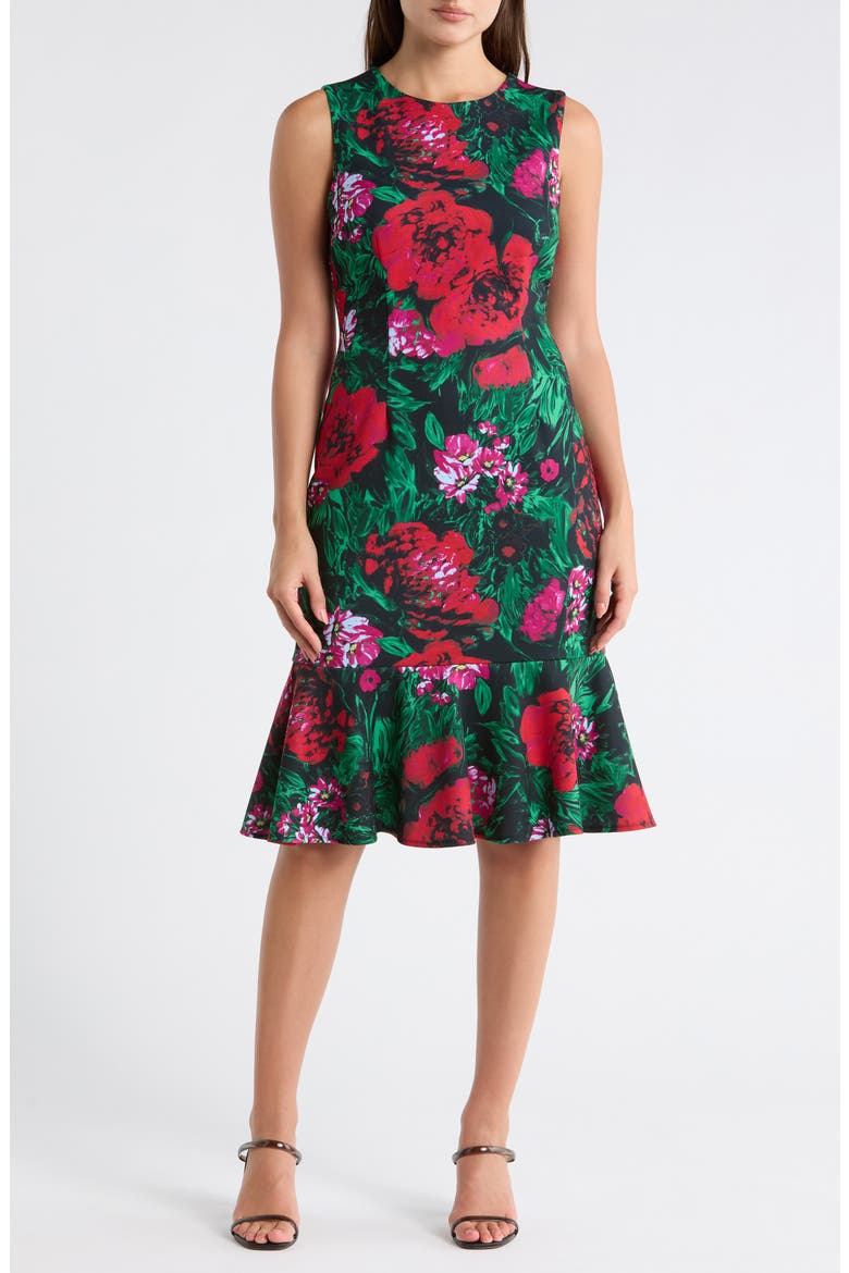 Floral Sleeveless Ruffle Hem Midi Dress, Main, color, RED/ GREEN