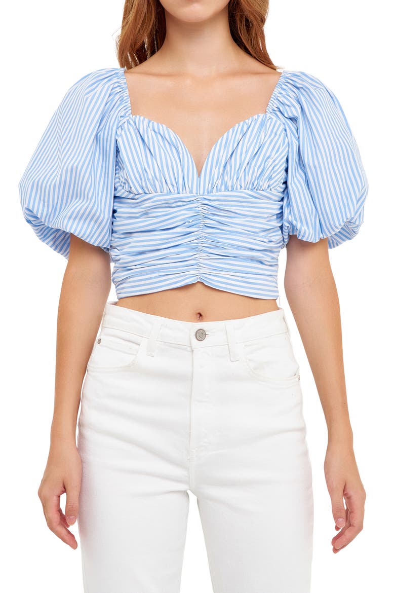 Ruched Puff Sleeve Crop Blouse, Alternate, color, BLUE STRIPE