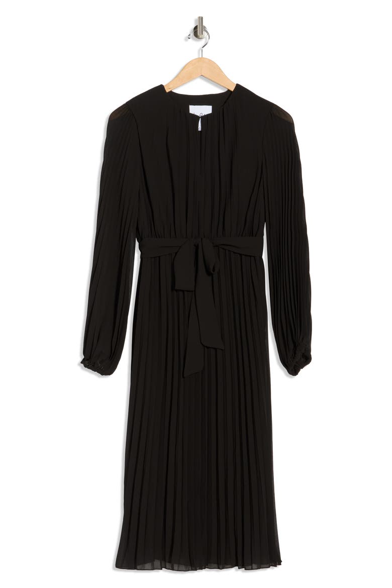 Long Sleeve Plissé Maxi Dress, Alternate, color, BLACK