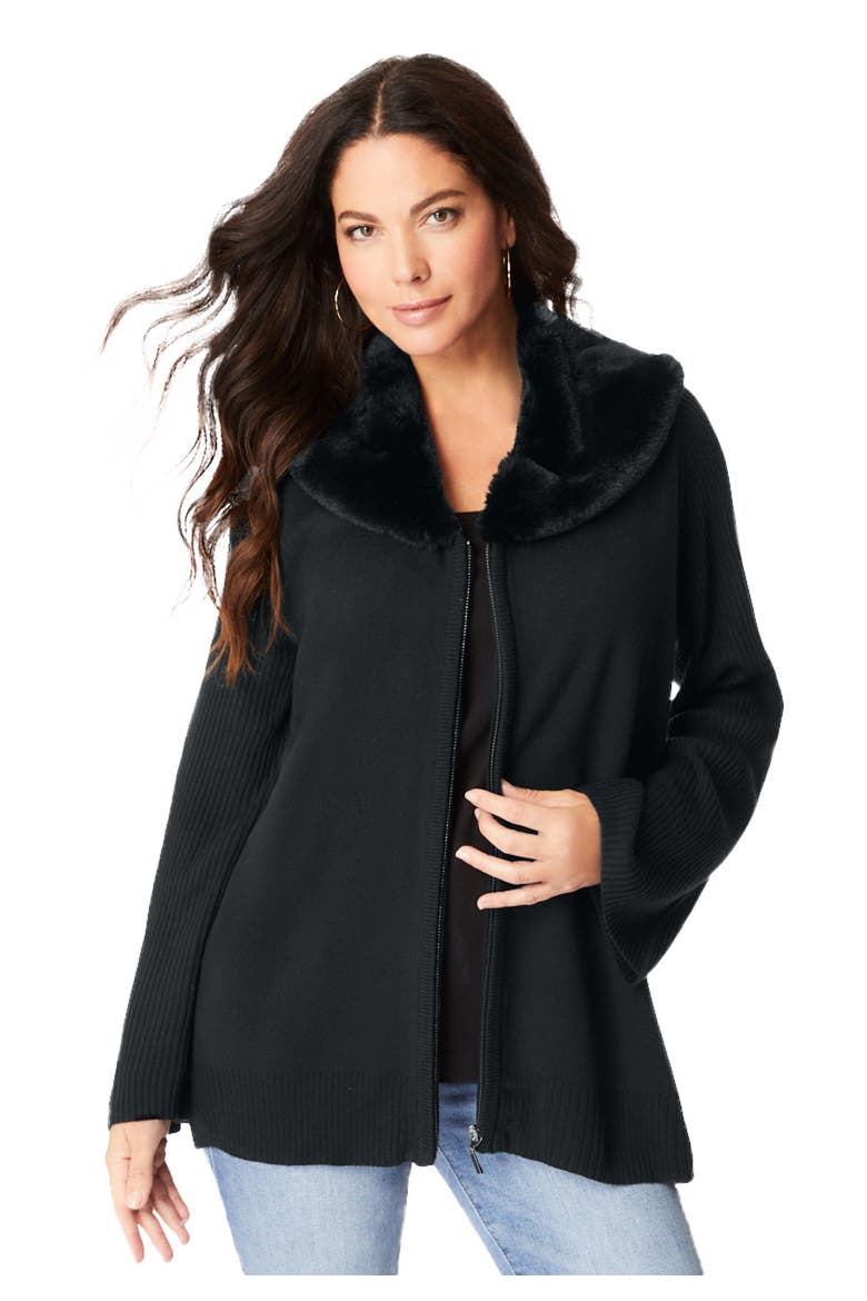 Faux Fur Collar Cardigan Sweater., Main, color, BLACK