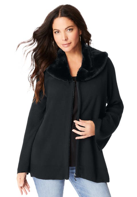 Faux Fur Collar Cardigan Sweater.
