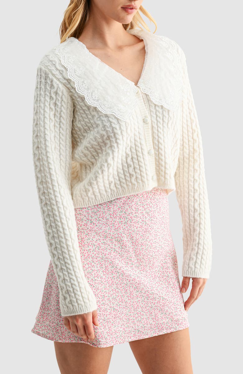 All in Favor Lace Collar Cable Stitch Cardigan, Alternate, color, Cream