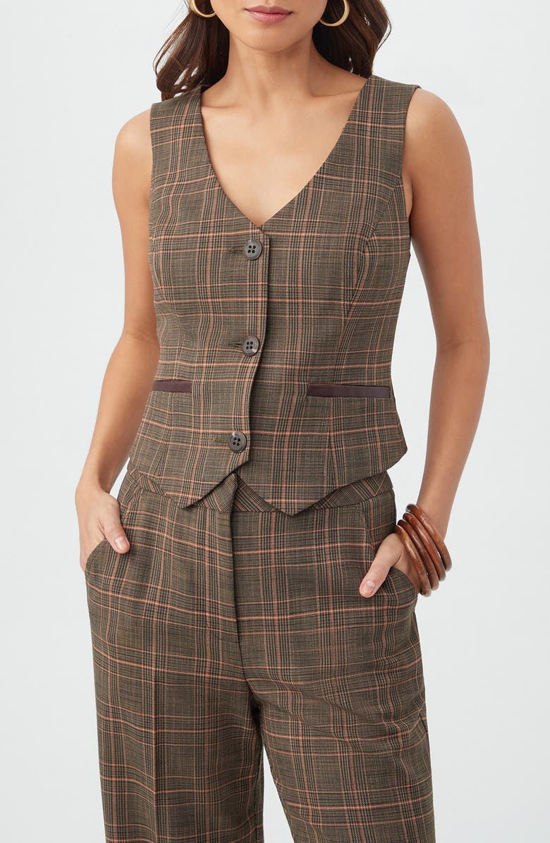 Trina Turk Kofi Plaid V-Neck Vest, Main, color, Brown Multi