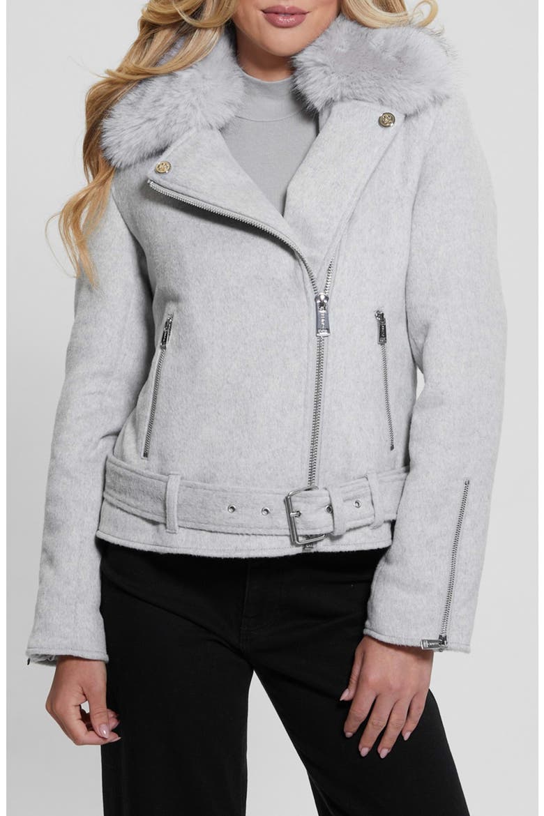 Nancy Moto Jacket with Removable Faux Fur Collar, Main, color, LIGHT MELANGE GREY