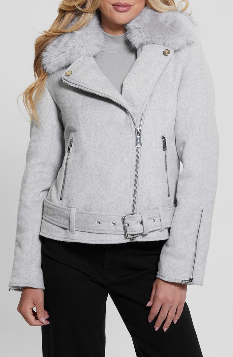 GUESS Nancy Moto Jacket with Removable Faux Fur Collar, Main, color, Light Melange Grey
