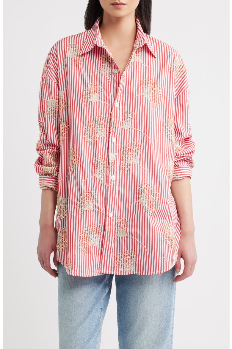 Beaded Oversized Striped Cotton Shirt, Main, color, GOLD BEADED RED STRIPE