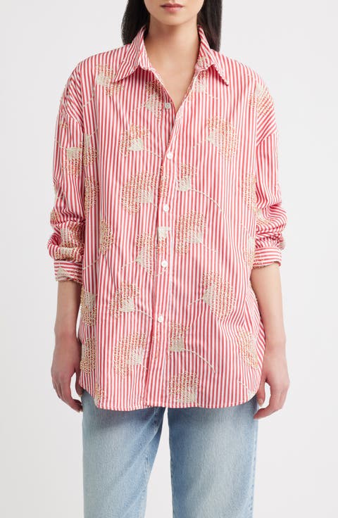 Beaded Oversized Striped Cotton Shirt
