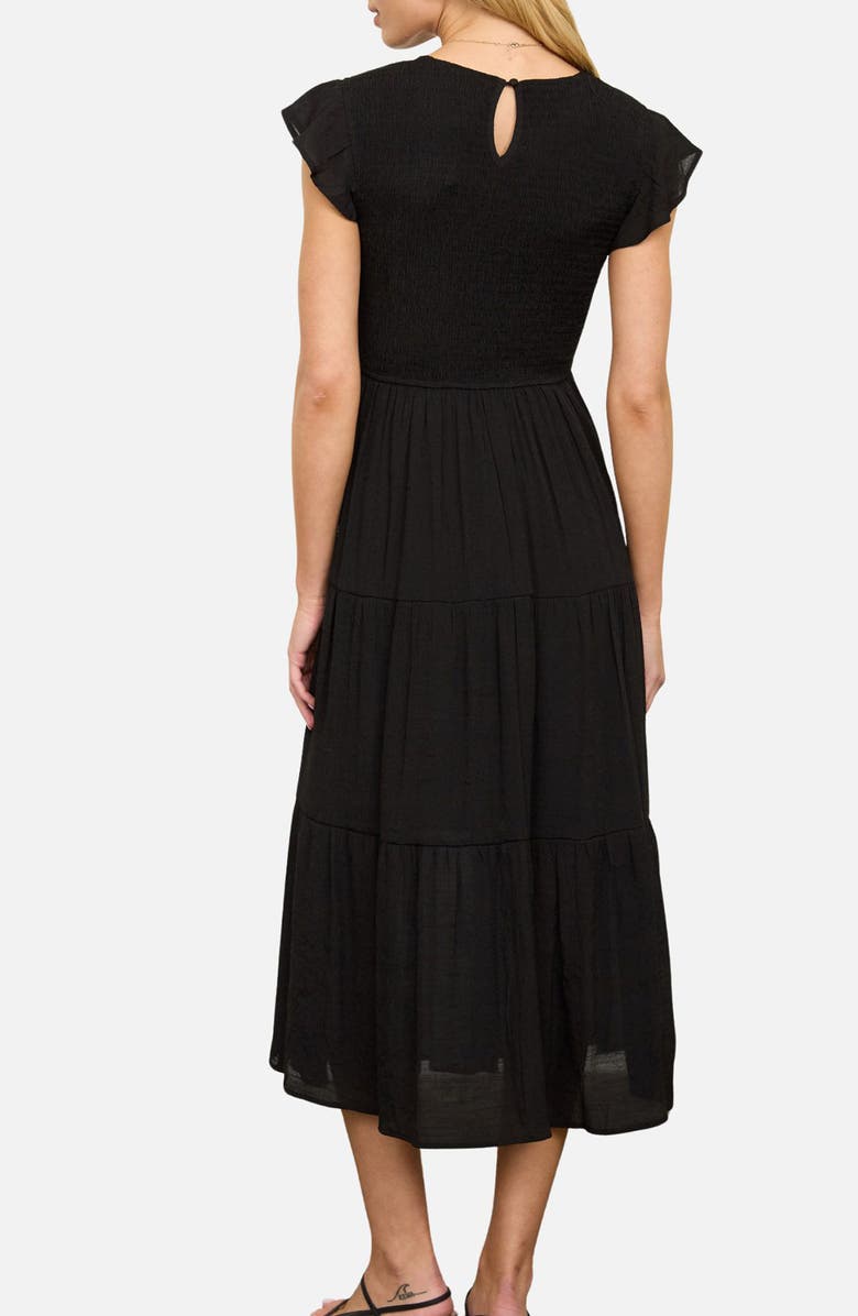 Blu Pepper Smocked Cap Sleeve Tiered Midi Dress, Alternate, color, Black