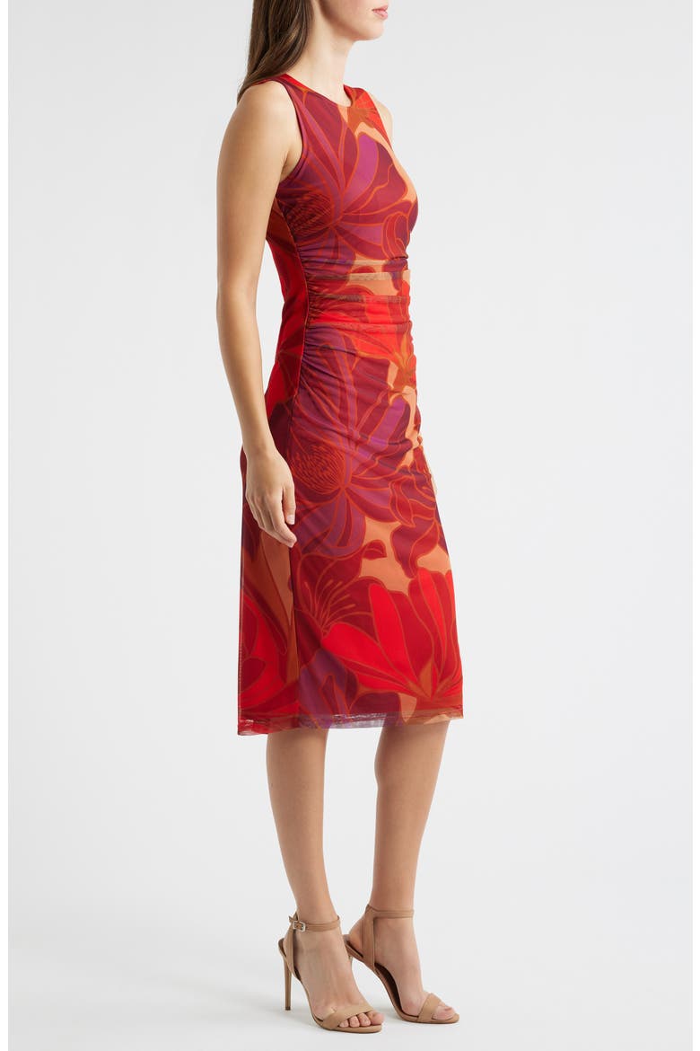 Floral Mesh Body-Con Midi Dress, Alternate, color, RED MULTI