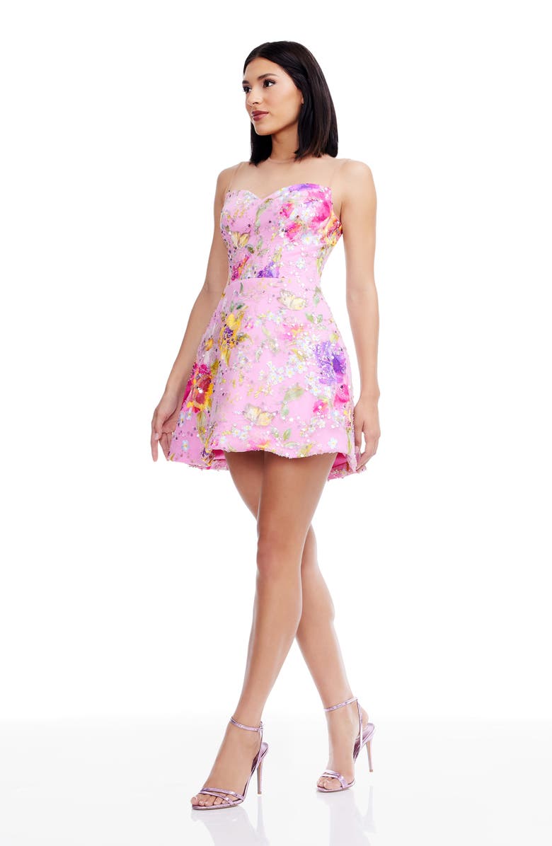 Dress the Population Kerra Embellished Illusion Neck Minidress, Alternate, color, Lilac Multi