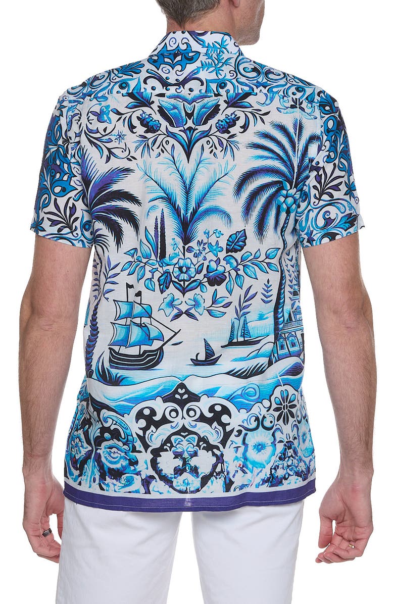 RANEES Extra Trim Fit Print Linen & Cotton Camp Shirt, Alternate, color, Blue