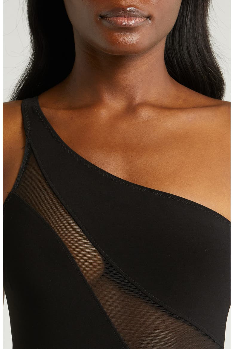 Snake Mesh One-Shoulder Swimsuit, Alternate, color, BLACK