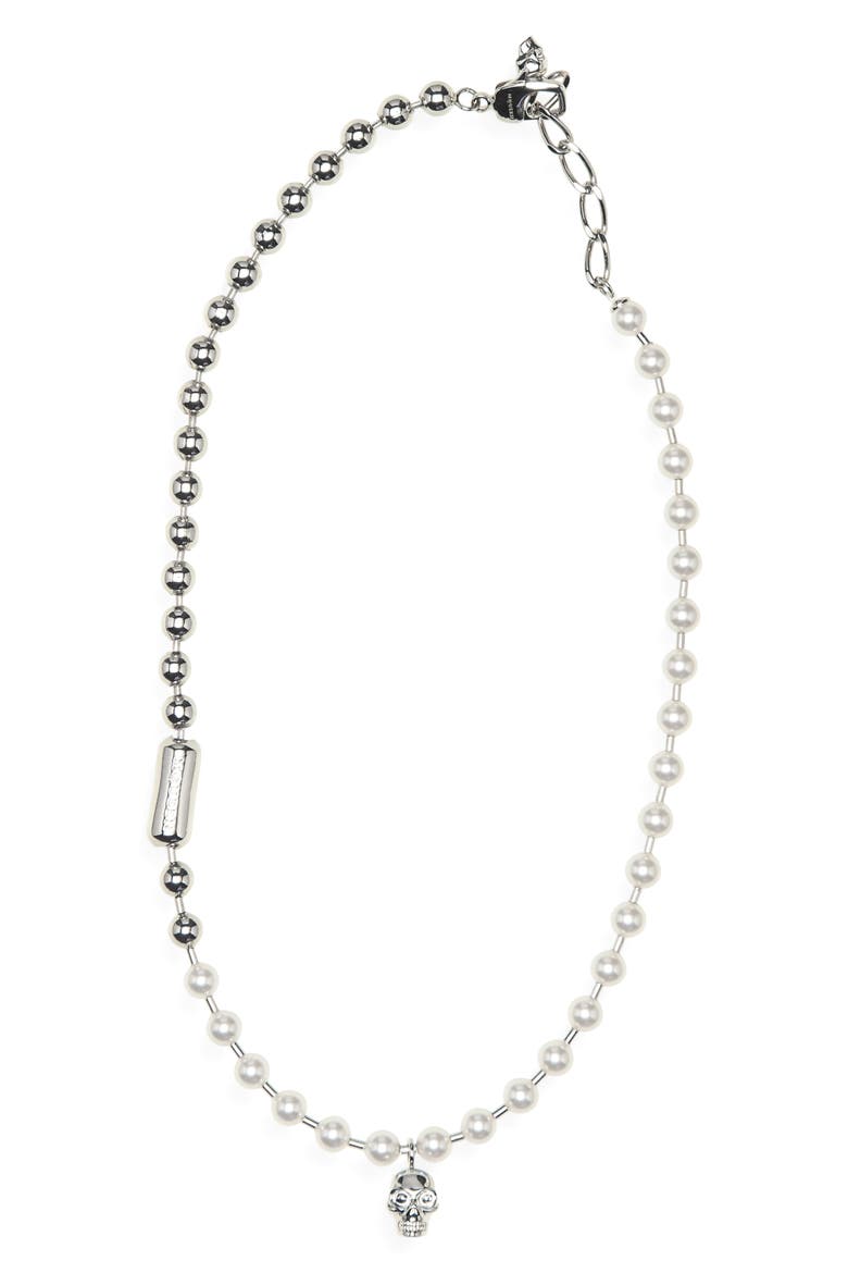 Men's Skull & Faux Pearl Pendant Necklace, Main, color, PEARL