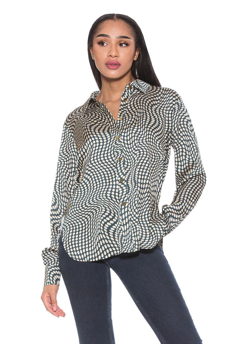 Rylin Silky Front Button Blouse, Alternate, color, SAGE DOT