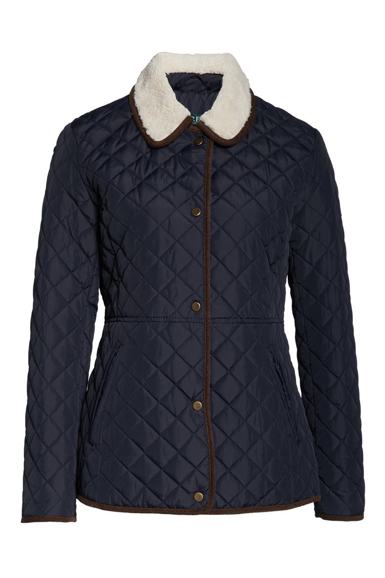 Faux Shearling Collar Quilted Jacket, Alternate, color, DK NAVY