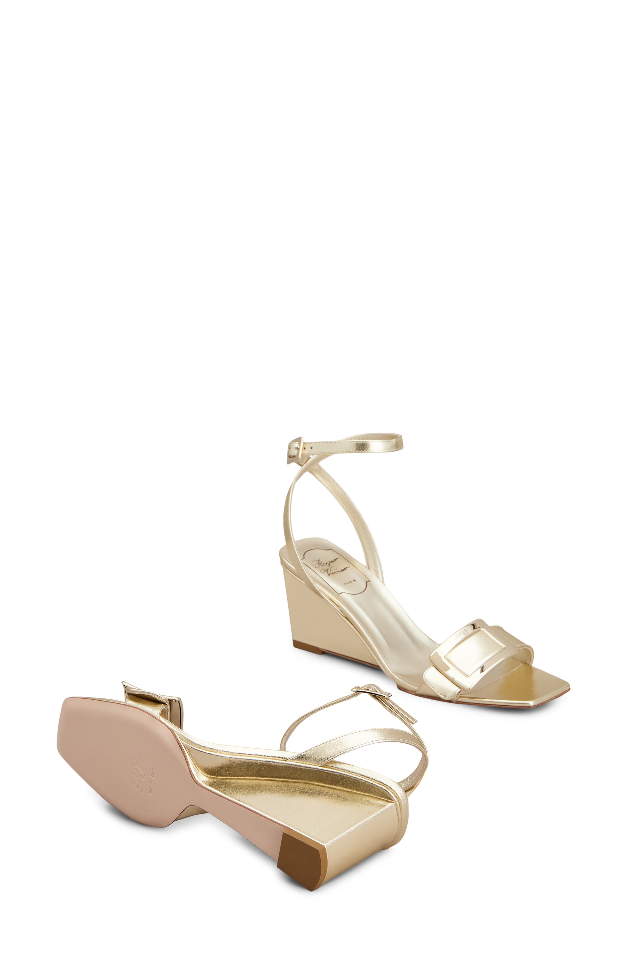 Roger Vivier Belle Vivier Metallic Ankle Strap Wedge Sandal, Alternate, color, Gold