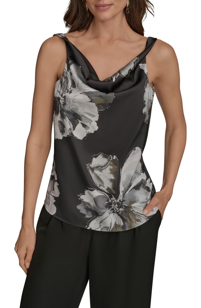 Donna Karan New York Printed Cowl Neck Charmeuse Top, Main, color, Blk Multi